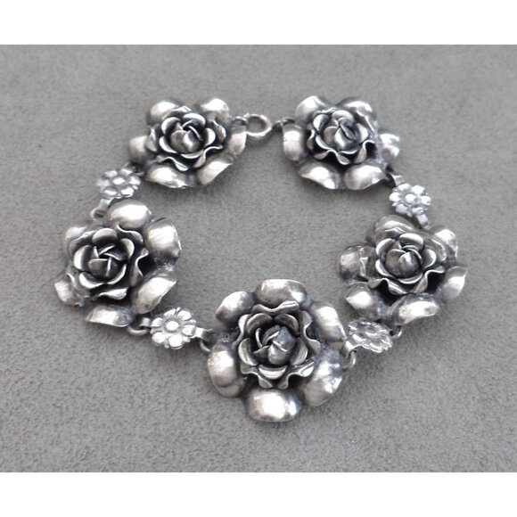 Vintage 5 DIMENSIONAL ROSES Flowers STERLING Silver BRACELET 7.5" Long - Picture 1 of 5